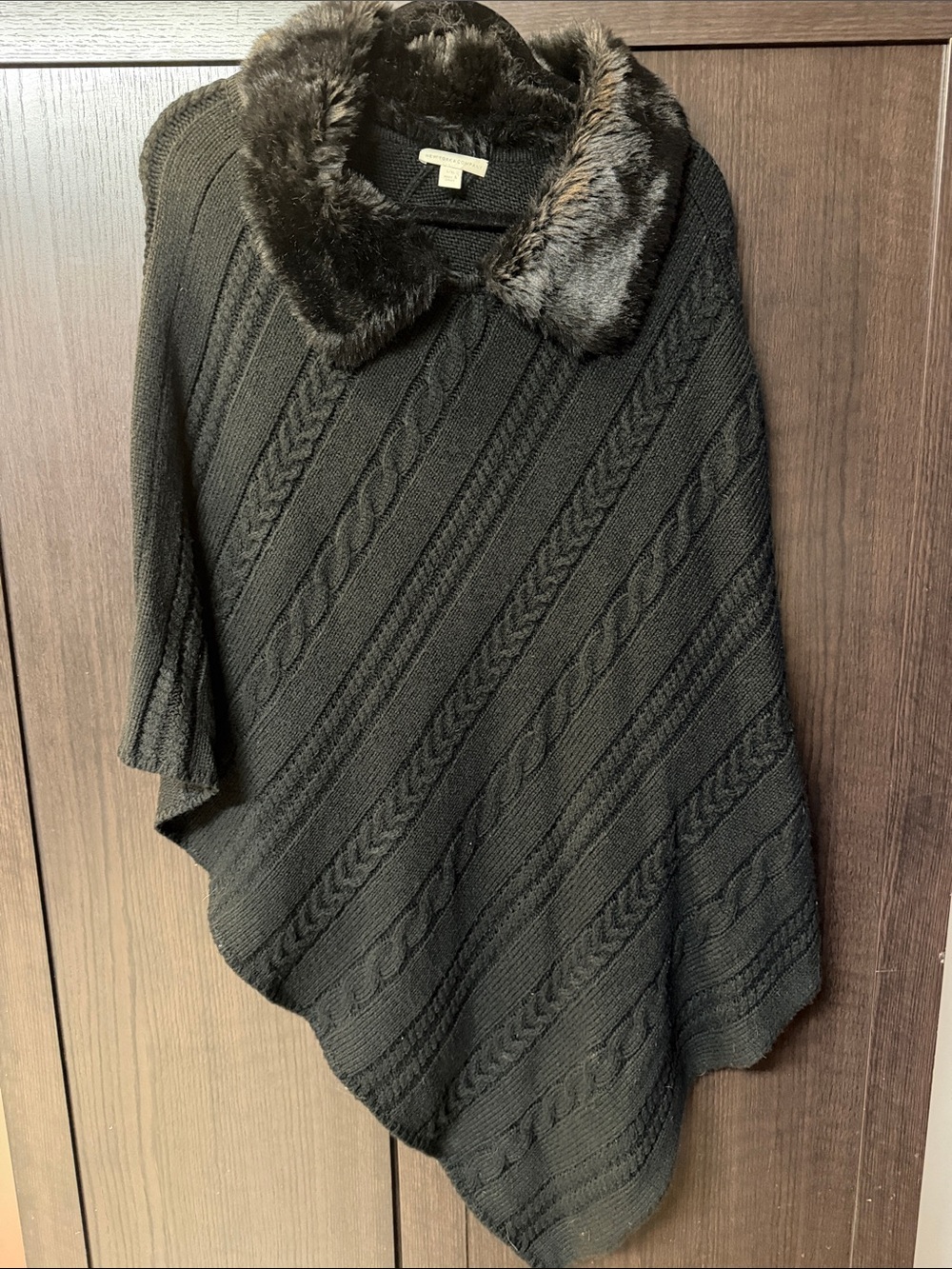 New York & Company Black Cable-Knit Poncho with Faux Fur Collar
